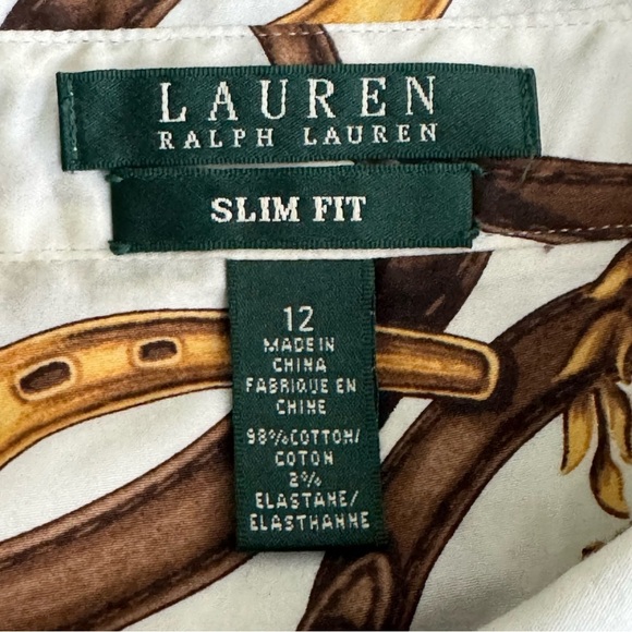 Lauren Ralph Lauren Equestrian Button Up Blouse Horse Bridle Bit Sz 12 Slim Fit - Picture 12 of 16